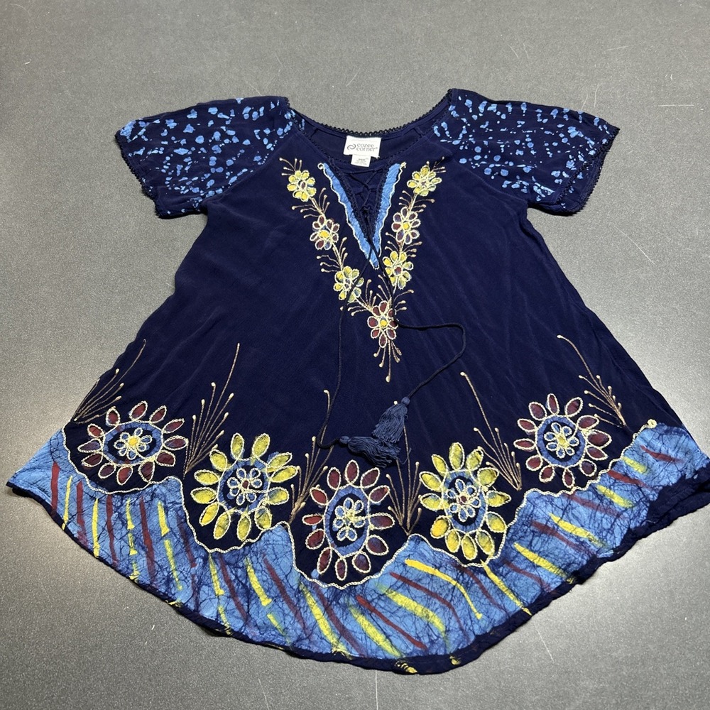 Cozee Corner Tunic Top Size M Navy Blue Embroidered Boho Tie-Dye Hippie